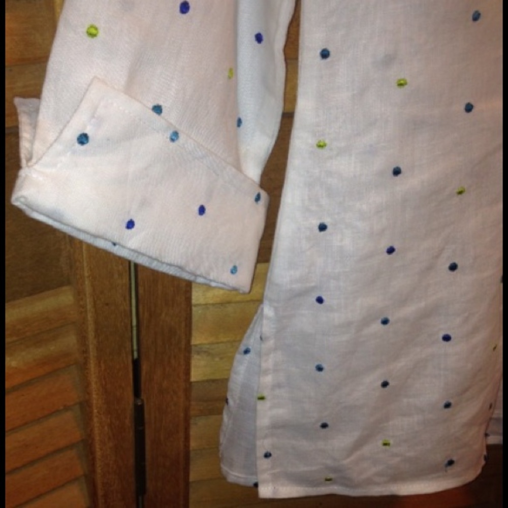 Richard Malcom White Linen Button Down Blouse with Blue & Green Polka Dots - Picture 3 of 4